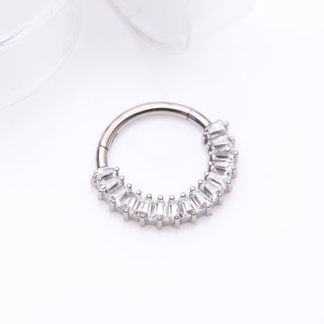 Detail View 1 of Implant Grade Titanium Pave Baguette Sparkle Clicker Hoop Ring-Clear Gem